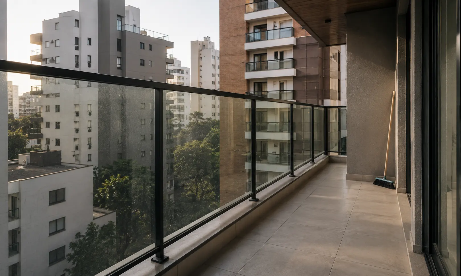 Guarda-corpo de vidro laminado em varanda de apartamento, com vista aberta