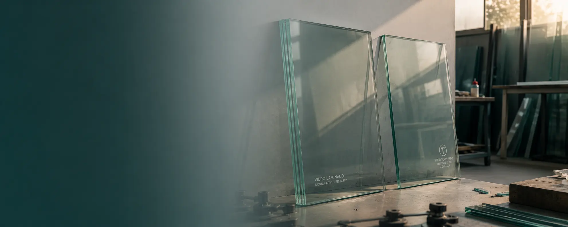 Comparação entre vidro temperado fragmentado e vidro laminado trincado com os cacos presos à película