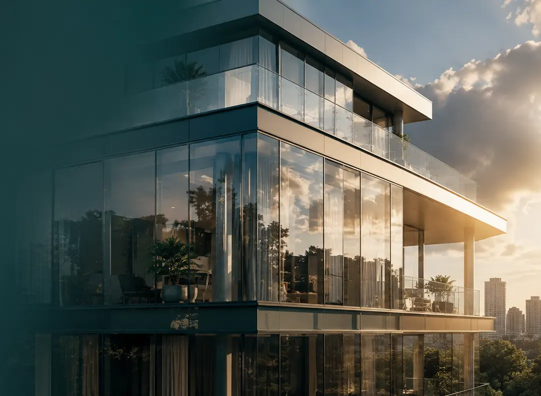Fachada de edifício com sacadas envidraçadas e guarda-corpo de vidro