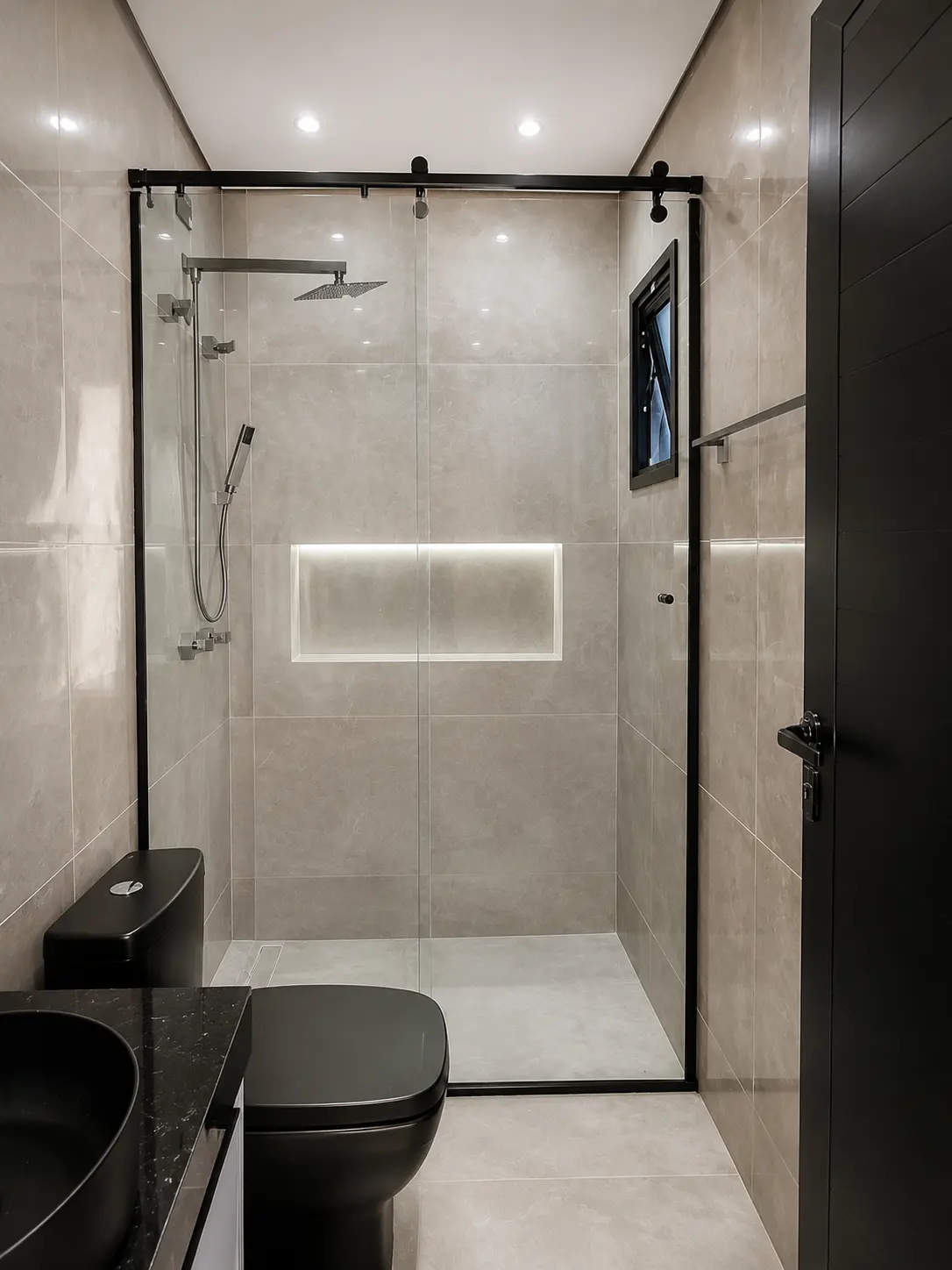 Box de vidro com perfil preto em banheiro de porcelanato cinza, com nicho iluminado