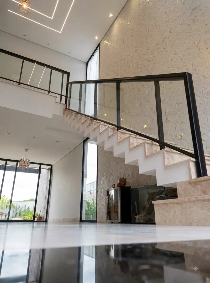 Guarda-corpo de vidro laminado em escada interna, com fixação por sapata de alumínio