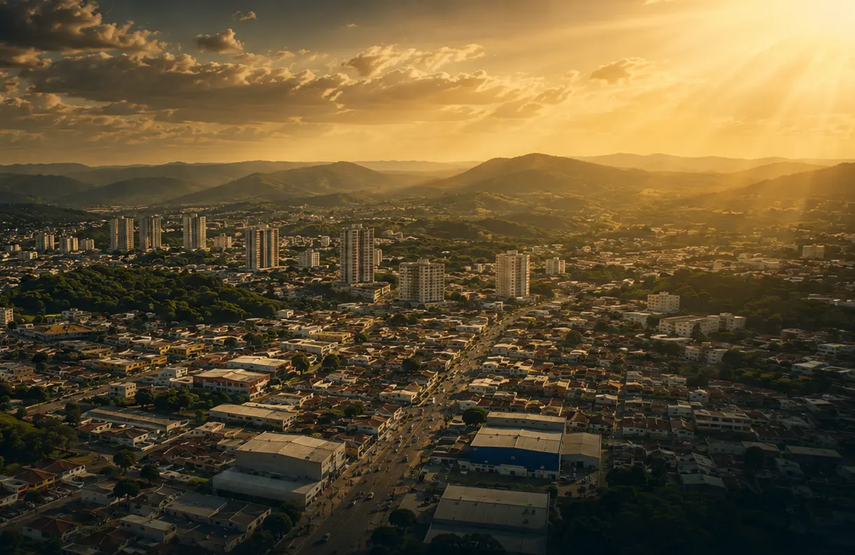 Vista aérea de Atibaia ao entardecer, com a serra ao fundo
