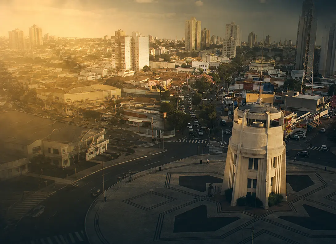 Vista aérea de Campinas com o monumento da praça ao centro