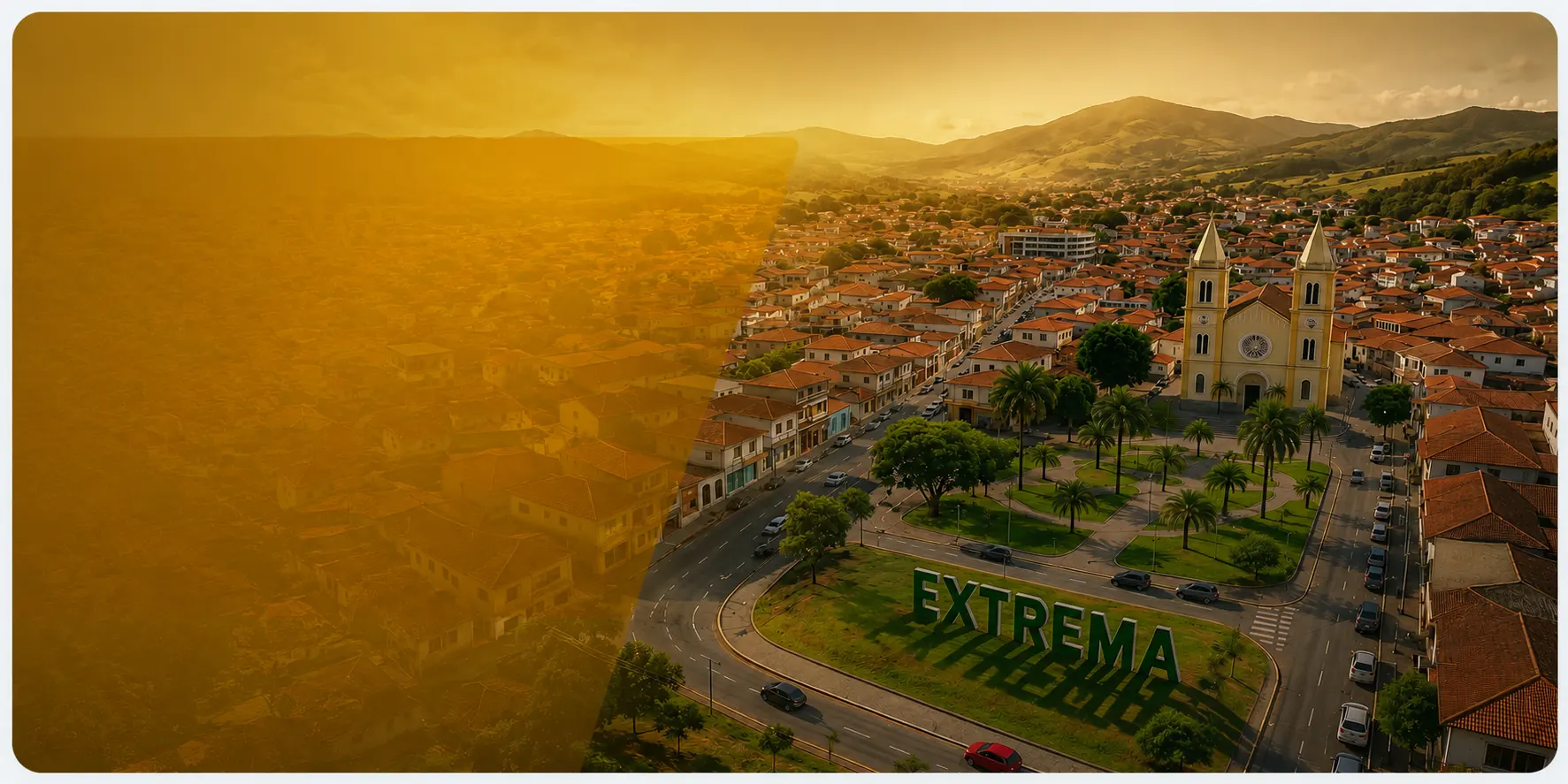 Vista aérea de Extrema, no Sul de Minas, com a igreja matriz e a serra ao entardecer